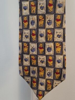 Vintage Disney Winnie the Pooh Grey Block Grid Silk Necktie Honey Pot